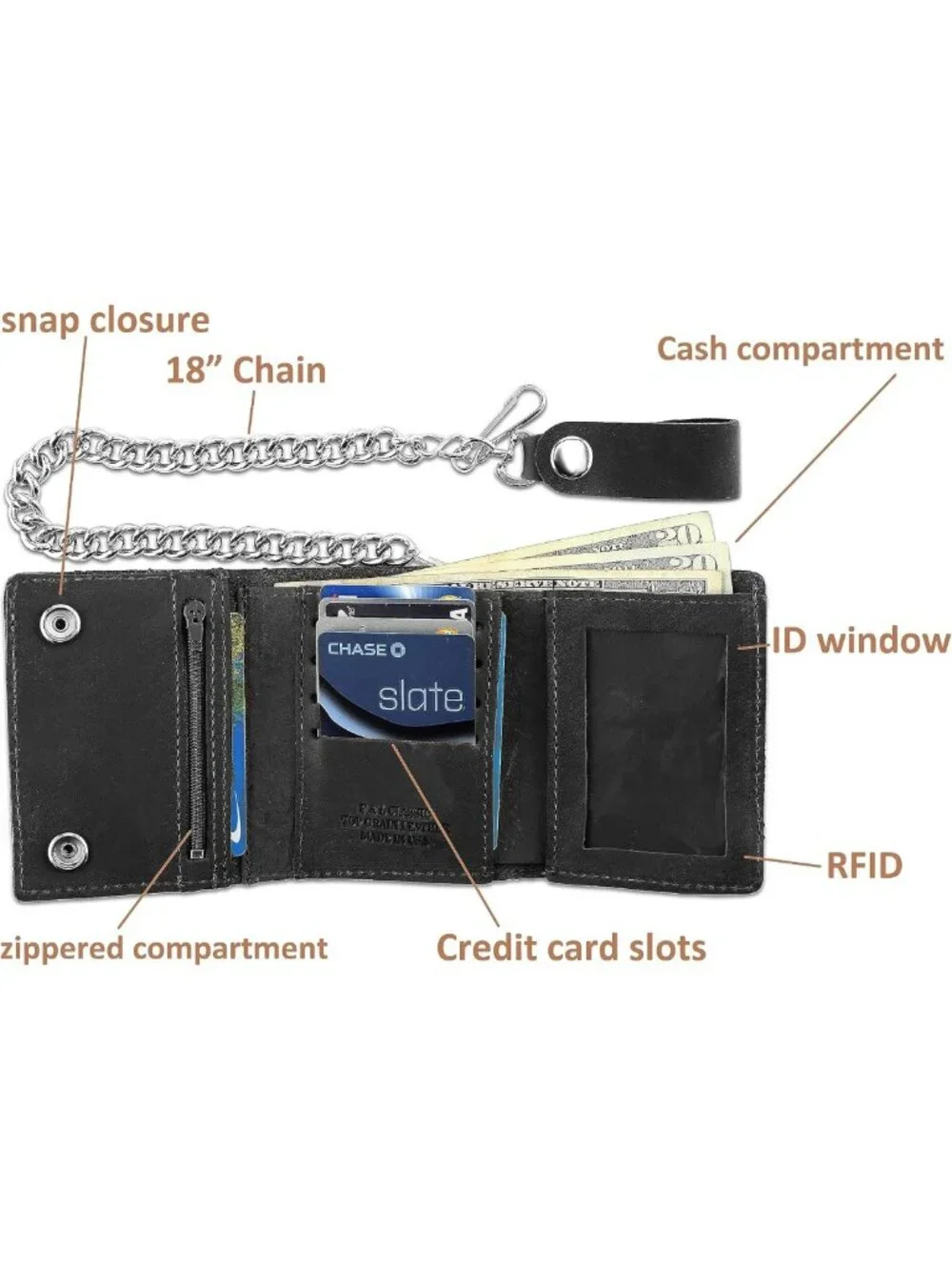 Vintage Biker Tri-fold Wallet | RFID Blocking Cowhide Leather, Steel Chain, Snap